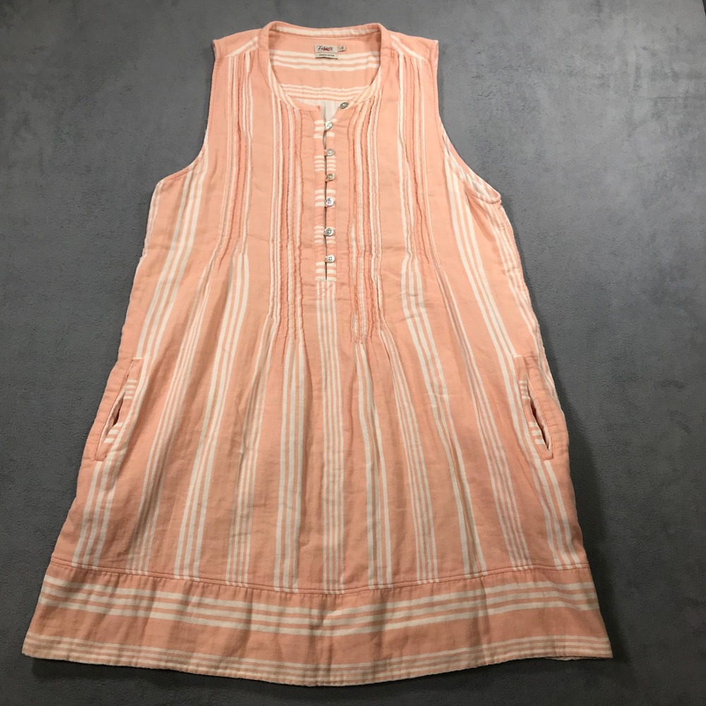 Faherty Isha Sleeveless Dress Womens L Peach Striped Organic Cotton Pockets